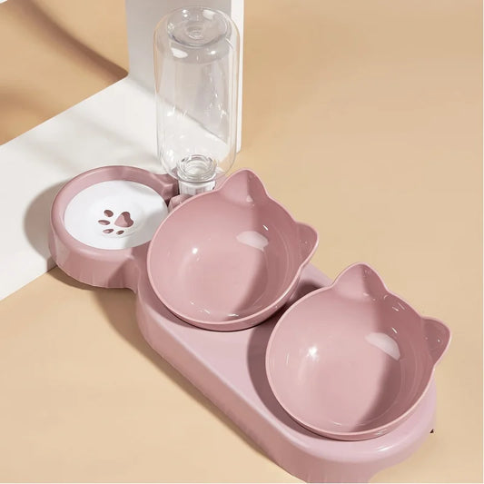 1 cuenco para mascotas con comedero de agua, 3 en 1, con diseño de orejas, inclinable, con botella de agua por gravedad para proteger el cuello.
