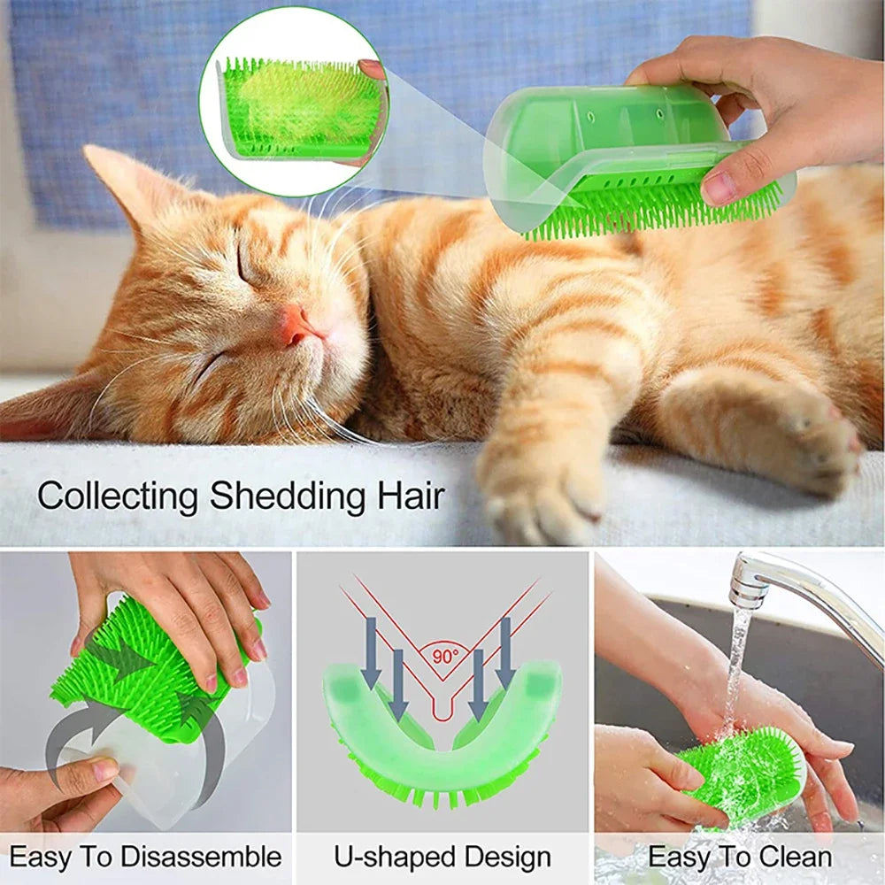 Cepillo de esquina para gatos, peine masajeador para gatos, arco rascador de plástico, peine para quitar el pelo, aseo con hierba gatera, suministros de autolimpieza para gatos