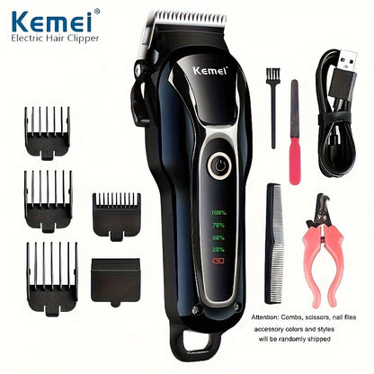 Kemei Pet Hair Clipper for Dogs & Cats - Quiet 5W Motor, USB Rechargeable, LCD Display, 10 Detachable Combs, Nail File, Accessory Colors Vary