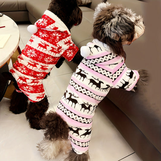 1pc Pet Christmas Reindeer Graphic Pajamas Hooded Jumpsuit For Puppy, Toy And Small Dog for stocking stuffers