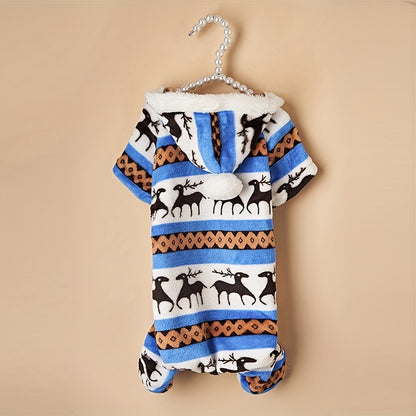 1pc Pet Christmas Reindeer Graphic Pajamas Hooded Jumpsuit For Puppy, Toy And Small Dog for stocking stuffers