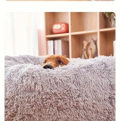 1pc Extra-Large Long Plush Dog Bed - Cozy Round Sleeping Nest for Pets - Luxury Sofa Cushion with Calming Effect - Machine-Washable