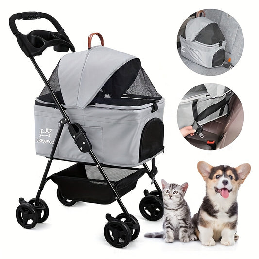 3-in-1 Pet Stroller Carrier - Foldable, Detachable, Car Seat, Stroller with Easy Push Button Entry for Small Pets - Attractive Gray Color