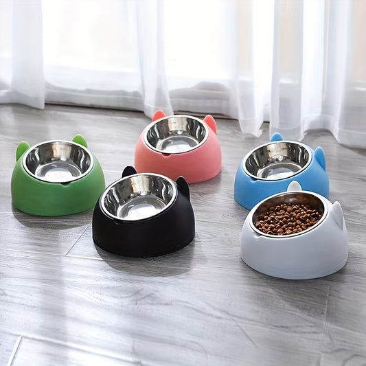 Cat Bowl, 15 Degrees Raised Stainless Steel Cat Feeder Bowl With Non Slip Base, 3.38oz Cat Food Water Feeder Tilted Pet Bowl For Neck Protection