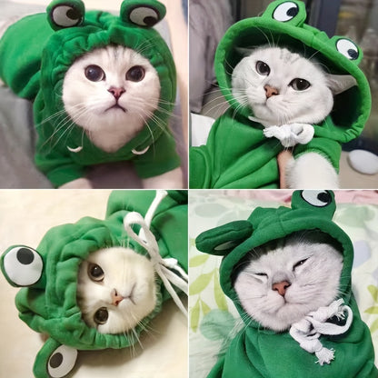 [Small Cozy Frog Hoodie] Adorable Frog-Themed Pet Hoodie - Cozy Knit Sweatshirt for Small to Extra-Small Cats, Perfect for All Seasons, Transformation, Hoodie