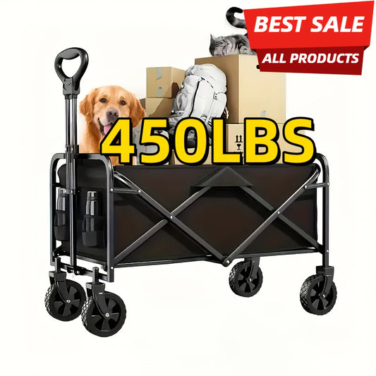1pc Heavy-Duty Collapsible Foldable Utility Wagon Cart with All-Terrain Wheels, 30" Large Capacity RV/Garden/Beach Cart, 450 Capacity (Weight-Limit Equivalent), Lightweight Metal Frame for Camping, Groceries, Furniture & Pets