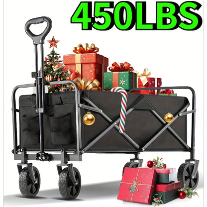 1pc Heavy-Duty Collapsible Foldable Utility Wagon Cart with All-Terrain Wheels, 30" Large Capacity RV/Garden/Beach Cart, 450 Capacity (Weight-Limit Equivalent), Lightweight Metal Frame for Camping, Groceries, Furniture & Pets