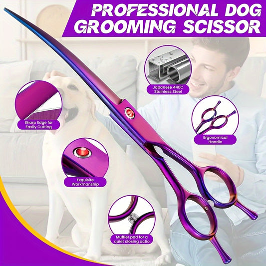 1pc Curved Shear For Dogs, Purple Titanium Plating Pet Grooming Scissors With Ergonomic Handle, Stainless Steel Hair Scissor For Dogs, Cats And Other Pets