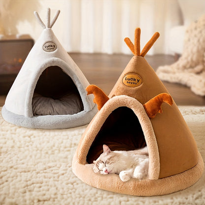 1pc Cartoon Reindeer-Shaped Pet Tent, Polyester Fiber Dog & Cat House, Cozy Mongolian Yurt Style Bed for Extra Small to Small Breeds, Easy Assembly