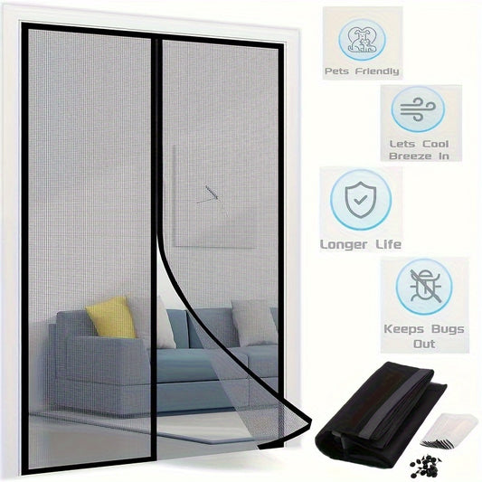 1pc Heavy-Duty Magnetic Screen Door With Full Frame Hook & Loop, Durable Polyester Mesh Curtain For Fresh Air Circulation, Easy Entry For Pets, Kid Friendly, Bug & Insect Proof, Fits Doors Up To 38x82 Inches