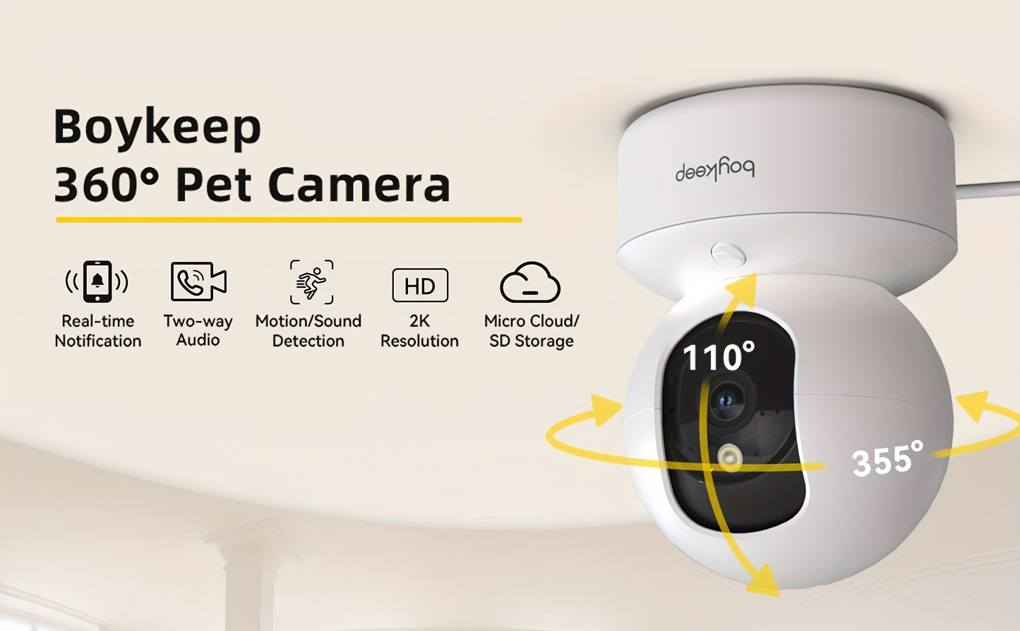 [BoyKeep WiFi Smart Camera] BoyKeep 5g/2.4ghz WiFi Smart Camera, 2K High-definition Indoor Safety Monitor with 360° Panoramic Surveillance, Night Vision, Two-way Calls, SD Card and Cloud Storage, Christmas Gifts for Pets, Ze